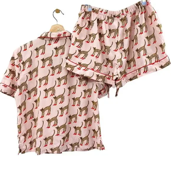 Bouffants & Broken Hearts Pink Animal Leopard Red Stilettos Print Pajama Set